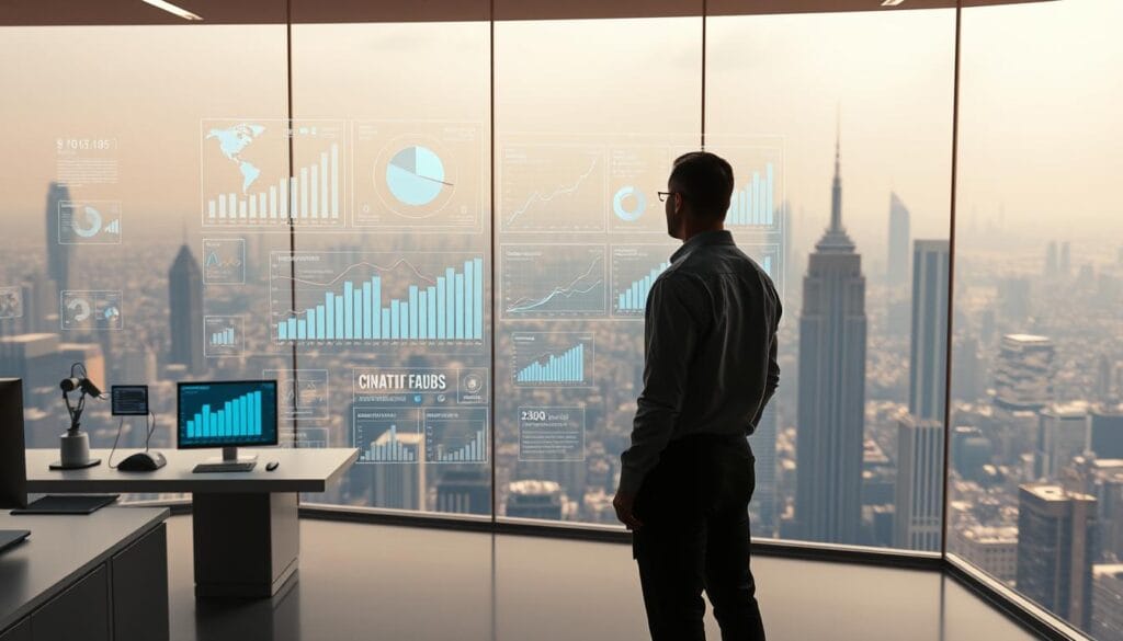 A futuristic office scene, with a sleek, minimalist workspace. In the foreground, a human figure stands, deep in contemplation, observing a dynamic display of charts and graphs - a representation of automated financial analysis. The middle ground features an array of holographic interfaces, data streams, and AI-powered budgeting tools. In the background, a vast cityscape with towering skyscrapers and a hazy, futuristic skyline. The lighting is a warm, diffused glow, creating a sense of balance between the human and the technological elements. The overall mood is one of thoughtful consideration, where the human overseer ponders the role of automation in the financial planning of 2025. A futuristic office scene, with a sleek, minimalist workspace. In the foreground, a human figure stands, deep in contemplation, observing a dynamic display of charts and graphs - a representation of automated financial analysis. The middle ground features an array of holographic interfaces, data streams, and AI-powered budgeting tools. In the background, a vast cityscape with towering skyscrapers and a hazy, futuristic skyline. The lighting is a warm, diffused glow, creating a sense of balance between the human and the technological elements. The overall mood is one of thoughtful consideration, where the human overseer ponders the role of automation in the financial planning of 2025.
