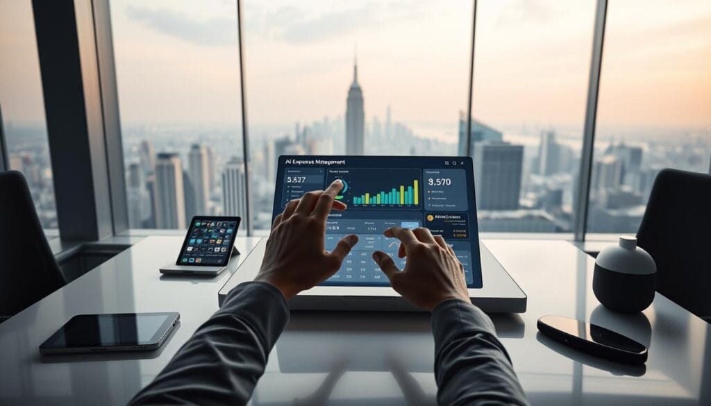 A futuristic office scene with an AI-powered expense management interface projected onto a sleek, minimalist desk. In the foreground, a pair of hands interacting with the digital expense dashboard, using intuitive gestures to categorize and approve transactions. The middle ground features an array of smart devices – tablets, phones, and virtual assistants – seamlessly integrated into the workspace. The background showcases a panoramic view of a modern, high-rise cityscape, with muted tones and soft, diffused lighting creating a sense of calm efficiency. The overall atmosphere conveys the power of AI-driven automation to simplify and streamline the tedious task of expense tracking. A futuristic office scene with an AI-powered expense management interface projected onto a sleek, minimalist desk. In the foreground, a pair of hands interacting with the digital expense dashboard, using intuitive gestures to categorize and approve transactions. The middle ground features an array of smart devices – tablets, phones, and virtual assistants – seamlessly integrated into the workspace. The background showcases a panoramic view of a modern, high-rise cityscape, with muted tones and soft, diffused lighting creating a sense of calm efficiency. The overall atmosphere conveys the power of AI-driven automation to simplify and streamline the tedious task of expense tracking.