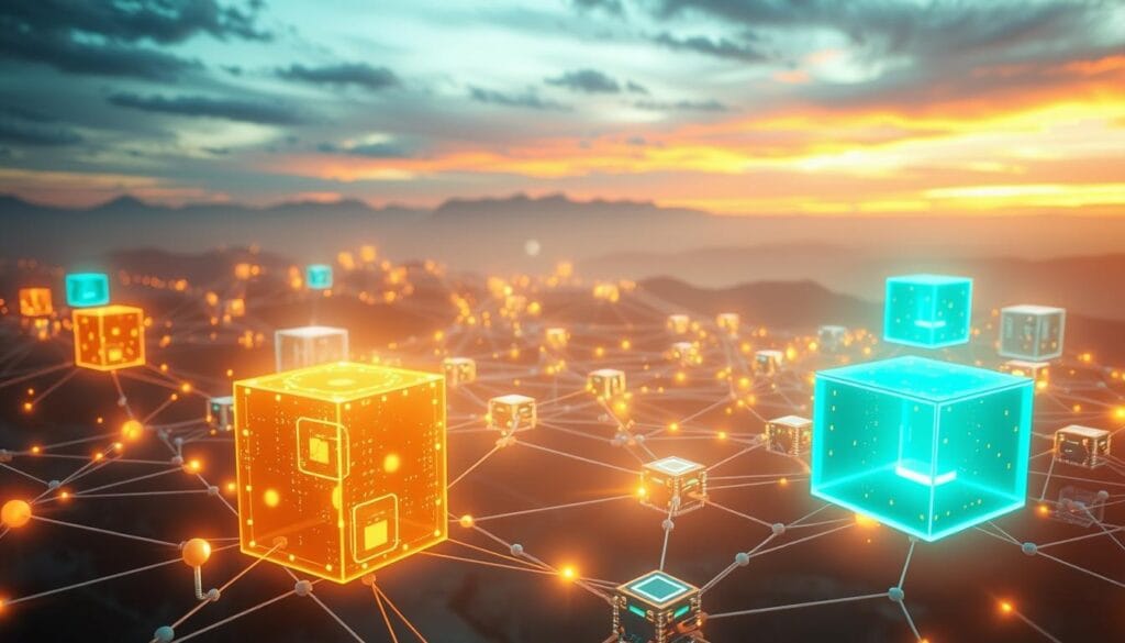 A futuristic rendering of blockchain technology, depicted as a complex network of interconnected nodes and cryptographic blocks, illuminated by a warm, ethereal glow. The foreground features sleek, translucent cubes representing data transactions, while the middle ground showcases a three-dimensional grid of interlocking chains. In the background, a serene landscape of mountains and a vibrant sky create a sense of depth and scale, suggesting the global reach and impact of this transformative technology. The lighting is softly diffused, creating a sense of mystique and wonder, capturing the essence of blockchain's potential to revolutionize supply chain finance. A futuristic rendering of blockchain technology, depicted as a complex network of interconnected nodes and cryptographic blocks, illuminated by a warm, ethereal glow. The foreground features sleek, translucent cubes representing data transactions, while the middle ground showcases a three-dimensional grid of interlocking chains. In the background, a serene landscape of mountains and a vibrant sky create a sense of depth and scale, suggesting the global reach and impact of this transformative technology. The lighting is softly diffused, creating a sense of mystique and wonder, capturing the essence of blockchain's potential to revolutionize supply chain finance.