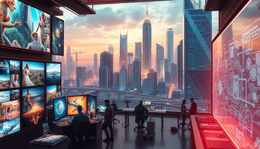 A futuristic scene depicting various revenue streams from AI-generated art. In the foreground, a diverse array of digital artworks, spanning genres and styles, are displayed on digital screens and holographic displays. The middle ground showcases artists and creators collaborating with AI tools, their workstations adorned with cutting-edge technology. In the background, a bustling cityscape with towering skyscrapers and gleaming infrastructure, symbolizing the integration of AI-powered art into the urban landscape. The scene is bathed in a warm, vibrant color palette, evoking a sense of innovation, creativity, and boundless potential in the world of AI-generated art and its emerging commercial applications. A futuristic scene depicting various revenue streams from AI-generated art. In the foreground, a diverse array of digital artworks, spanning genres and styles, are displayed on digital screens and holographic displays. The middle ground showcases artists and creators collaborating with AI tools, their workstations adorned with cutting-edge technology. In the background, a bustling cityscape with towering skyscrapers and gleaming infrastructure, symbolizing the integration of AI-powered art into the urban landscape. The scene is bathed in a warm, vibrant color palette, evoking a sense of innovation, creativity, and boundless potential in the world of AI-generated art and its emerging commercial applications.