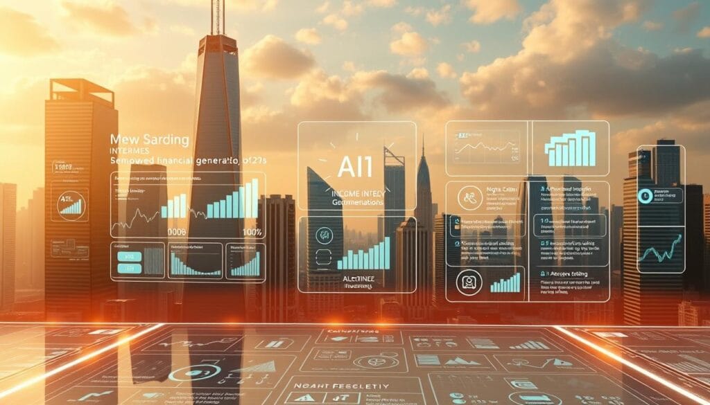 A futuristic skyline with towering skyscrapers and gleaming holographic displays showcasing a diverse array of AI-powered financial tools and services. In the foreground, a sleek, minimalist interface with interactive graphs, charts, and personalized investment recommendations. The middle ground features lifelike digital avatars guiding users through the various AI-driven income generation options, from algorithmic trading to automated investing. The background is bathed in a warm, golden light, creating an atmosphere of technological affluence and financial empowerment. A futuristic skyline with towering skyscrapers and gleaming holographic displays showcasing a diverse array of AI-powered financial tools and services. In the foreground, a sleek, minimalist interface with interactive graphs, charts, and personalized investment recommendations. The middle ground features lifelike digital avatars guiding users through the various AI-driven income generation options, from algorithmic trading to automated investing. The background is bathed in a warm, golden light, creating an atmosphere of technological affluence and financial empowerment.