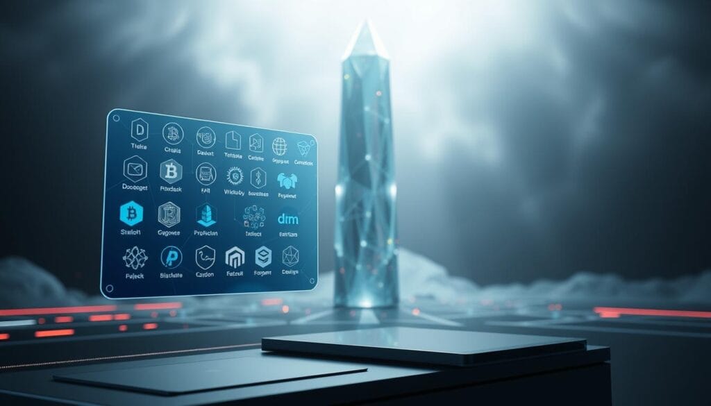 A futuristic, technologically-advanced scene depicting blockchain compatibility. In the foreground, a sleek, holographic user interface showcases various blockchain network logos and symbols, hovering above a minimalist desktop. In the middle ground, a towering, crystalline data structure represents the interconnected blockchain ecosystem, its facets refracting colorful light. The background is shrouded in a soft, ethereal glow, hinting at the vast, seamless integration of blockchain technology across digital platforms. Crisp, high-resolution rendering with a cinematic, slightly muted color palette evokes a sense of cutting-edge innovation and technological convergence. A futuristic, technologically-advanced scene depicting blockchain compatibility. In the foreground, a sleek, holographic user interface showcases various blockchain network logos and symbols, hovering above a minimalist desktop. In the middle ground, a towering, crystalline data structure represents the interconnected blockchain ecosystem, its facets refracting colorful light. The background is shrouded in a soft, ethereal glow, hinting at the vast, seamless integration of blockchain technology across digital platforms. Crisp, high-resolution rendering with a cinematic, slightly muted color palette evokes a sense of cutting-edge innovation and technological convergence.