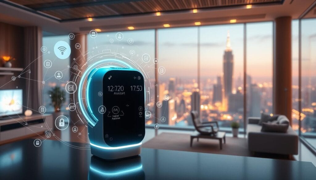 A futuristic virtual assistant integration, showcasing a seamless blend of cutting-edge technologies. In the foreground, a sleek, minimalist device with a glowing holographic interface, surrounded by a swirl of digital data streams and icons representing various integrated services. The middle ground features a panoramic view of a modern, high-tech living space, with smart home devices and AI-powered appliances seamlessly connected and controlled by the virtual assistant. In the background, a cityscape of towering skyscrapers and glimmering infrastructure, symbolizing the integration of this advanced technology into the fabric of everyday life. Warm, ambient lighting and a sense of effortless efficiency permeate the scene, creating an atmosphere of technological sophistication and user-centric design. A futuristic virtual assistant integration, showcasing a seamless blend of cutting-edge technologies. In the foreground, a sleek, minimalist device with a glowing holographic interface, surrounded by a swirl of digital data streams and icons representing various integrated services. The middle ground features a panoramic view of a modern, high-tech living space, with smart home devices and AI-powered appliances seamlessly connected and controlled by the virtual assistant. In the background, a cityscape of towering skyscrapers and glimmering infrastructure, symbolizing the integration of this advanced technology into the fabric of everyday life. Warm, ambient lighting and a sense of effortless efficiency permeate the scene, creating an atmosphere of technological sophistication and user-centric design.