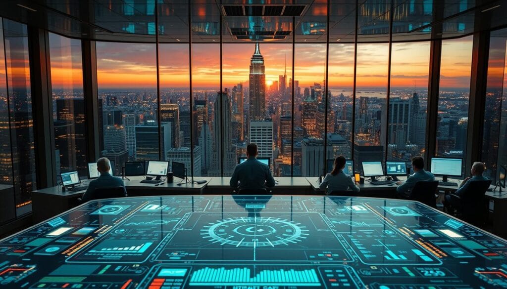 A gleaming, technologically-advanced futures trading platform set against a backdrop of a bustling cityscape. The platform's sleek, minimalist interface dominates the foreground, featuring a large central display showcasing real-time market data and trading tools. Surrounding the platform, a network of holographic screens and interactive panels create an immersive, futuristic atmosphere. The middle ground is populated by a team of focused traders, their faces illuminated by the glow of their workstations. In the background, the skyline of a modern metropolis is visible through floor-to-ceiling windows, bathed in the warm glow of the setting sun. The overall scene conveys a sense of power, precision, and the relentless pursuit of financial success. A gleaming, technologically-advanced futures trading platform set against a backdrop of a bustling cityscape. The platform's sleek, minimalist interface dominates the foreground, featuring a large central display showcasing real-time market data and trading tools. Surrounding the platform, a network of holographic screens and interactive panels create an immersive, futuristic atmosphere. The middle ground is populated by a team of focused traders, their faces illuminated by the glow of their workstations. In the background, the skyline of a modern metropolis is visible through floor-to-ceiling windows, bathed in the warm glow of the setting sun. The overall scene conveys a sense of power, precision, and the relentless pursuit of financial success.