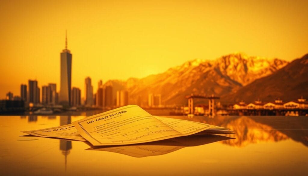 A gold-tinted financial landscape with a central focus on gold futures and options contracts. In the foreground, intricate contract details and graphs hover above a reflective surface, casting a warm, authoritative glow. The middle ground features a cityscape of modern skyscrapers in muted tones, suggesting the global scale of the financial markets. In the background, a majestic mountain range bathed in golden light, symbolizing the enduring allure and stability of gold as an investment. The scene is captured through a high-quality telephoto lens, creating a sense of depth and drawing the viewer's attention to the key financial instruments. The overall mood is one of sophistication, stability, and the power of gold to weather economic uncertainties. A gold-tinted financial landscape with a central focus on gold futures and options contracts. In the foreground, intricate contract details and graphs hover above a reflective surface, casting a warm, authoritative glow. The middle ground features a cityscape of modern skyscrapers in muted tones, suggesting the global scale of the financial markets. In the background, a majestic mountain range bathed in golden light, symbolizing the enduring allure and stability of gold as an investment. The scene is captured through a high-quality telephoto lens, creating a sense of depth and drawing the viewer's attention to the key financial instruments. The overall mood is one of sophistication, stability, and the power of gold to weather economic uncertainties.