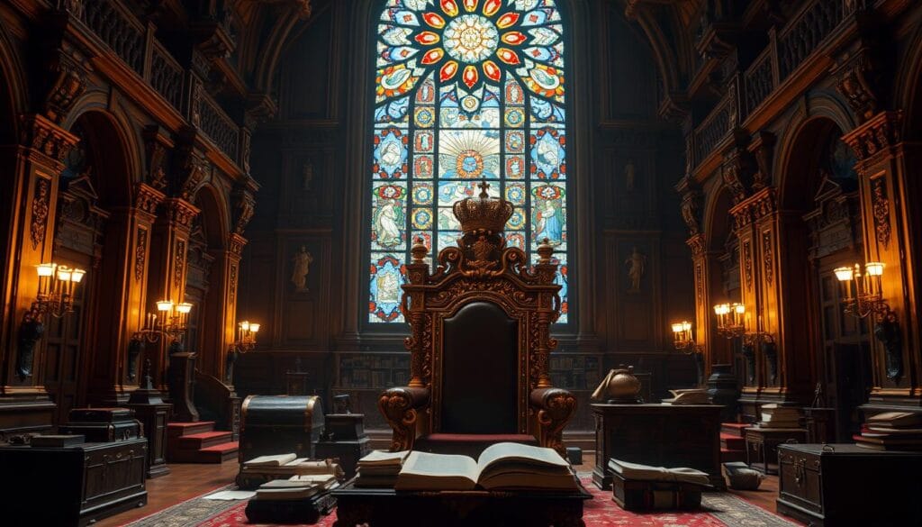 A grand hall with intricate architectural details, illuminated by warm, ambient lighting. In the foreground, a majestic throne adorned with regal symbols and ornamentation. Resting upon the throne, a scepter and crown, symbolic of the power and authority of royalty. In the middle ground, an array of ornate chests, ledgers, and documents, representing the financial aspects of a royal court. The background showcases a grand, stained-glass window, casting a kaleidoscope of colors onto the scene. The overall atmosphere exudes a sense of tradition, wealth, and the complexities of administering a kingdom. A grand hall with intricate architectural details, illuminated by warm, ambient lighting. In the foreground, a majestic throne adorned with regal symbols and ornamentation. Resting upon the throne, a scepter and crown, symbolic of the power and authority of royalty. In the middle ground, an array of ornate chests, ledgers, and documents, representing the financial aspects of a royal court. The background showcases a grand, stained-glass window, casting a kaleidoscope of colors onto the scene. The overall atmosphere exudes a sense of tradition, wealth, and the complexities of administering a kingdom.