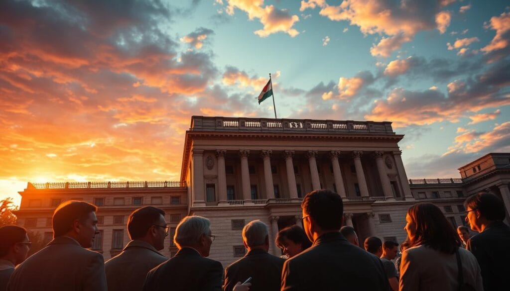 A grand imposing structure, reminiscent of a historic financial institution, stands tall against a majestic sunset sky. Towering columns and ornate facades hint at the wealth and power that once occupied this space. In the foreground, a group of people engrossed in discussion, their expressions and gestures suggesting the dawn of a new era - the integration of artificial intelligence into finance. The scene is bathed in warm, golden light, creating a sense of timelessness and the intersection of tradition and innovation. The overall composition conveys the rich history and the transformative potential of AI in shaping the future of the financial world. A grand imposing structure, reminiscent of a historic financial institution, stands tall against a majestic sunset sky. Towering columns and ornate facades hint at the wealth and power that once occupied this space. In the foreground, a group of people engrossed in discussion, their expressions and gestures suggesting the dawn of a new era - the integration of artificial intelligence into finance. The scene is bathed in warm, golden light, creating a sense of timelessness and the intersection of tradition and innovation. The overall composition conveys the rich history and the transformative potential of AI in shaping the future of the financial world.