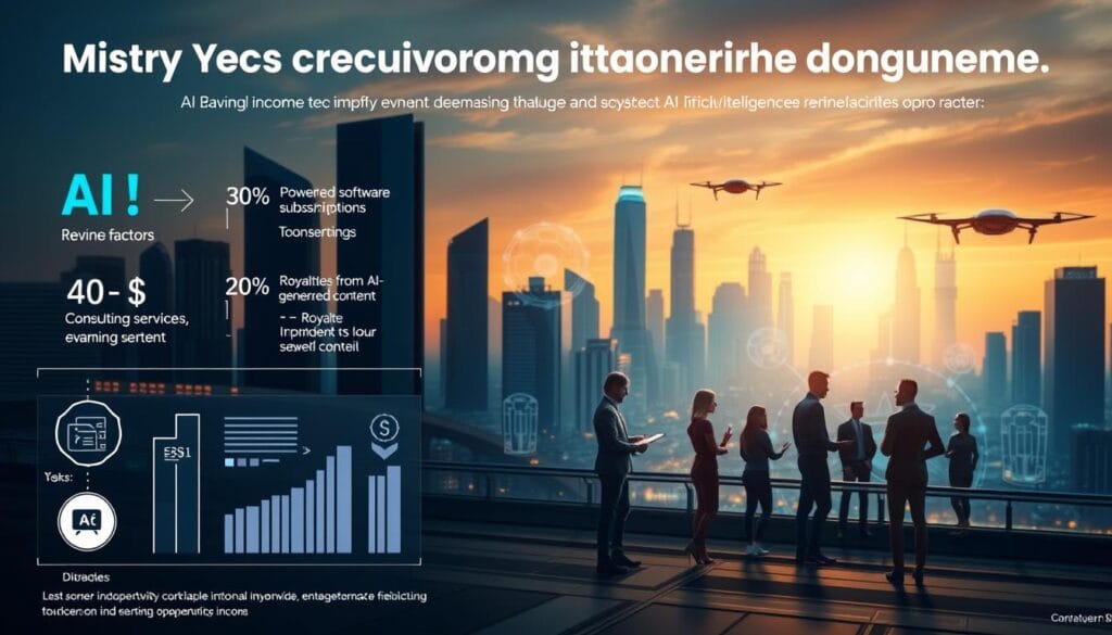 A graphical representation of the key income factors that influence earnings from artificial intelligence (AI) systems. In the foreground, a stylized data visualization showcases various revenue streams, such as AI-powered software subscriptions, consulting services, and royalties from AI-generated content. In the middle ground, a group of diverse people interacting with AI-driven applications, conveying the human element of AI-based income. The background features a futuristic cityscape with skyscrapers and hover vehicles, symbolizing the technological advancements that enable AI-driven economic opportunities. The scene is bathed in a warm, optimistic glow, conveying the promising potential of AI as a source of income.