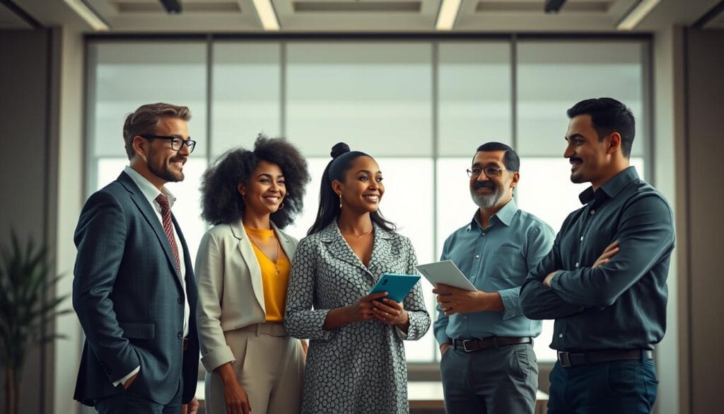 A group of diverse individuals representing various embedded finance types, including a banking executive, a fintech developer, a small business owner, and a consumer. They are positioned in a modern, minimalist office setting with clean lines, natural lighting, and a neutral color palette. The figures are rendered with photorealistic detail, conveying a sense of professionalism and collaboration. The overall atmosphere is one of innovation, technology, and the evolution of financial services.