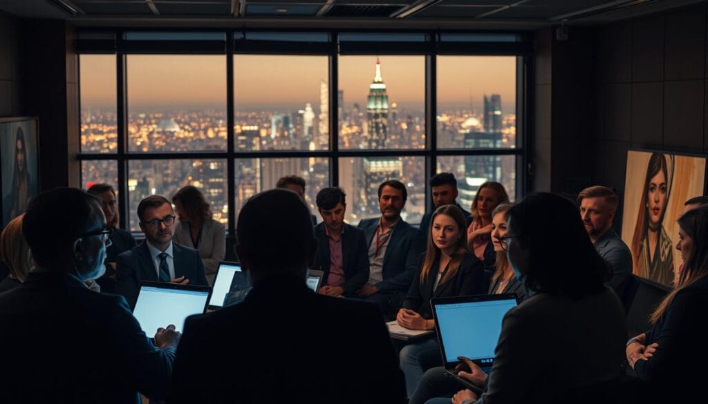 A group of individuals gathered in a dimly lit conference room, deep in discussion. In the foreground, a panel of legal experts, their faces illuminated by the glow of laptop screens, debating the complex issues surrounding AI-generated art. In the middle ground, a diverse group of creators - painters, photographers, and digital artists - listening intently, their expressions a mix of concern and curiosity. In the background, a large window offers a glimpse of a bustling city skyline, a symbol of the rapidly evolving technological landscape. The scene is charged with a sense of tension and uncertainty, reflecting the high stakes and the pressing need to understand the legal implications of this emerging art form. A group of individuals gathered in a dimly lit conference room, deep in discussion. In the foreground, a panel of legal experts, their faces illuminated by the glow of laptop screens, debating the complex issues surrounding AI-generated art. In the middle ground, a diverse group of creators - painters, photographers, and digital artists - listening intently, their expressions a mix of concern and curiosity. In the background, a large window offers a glimpse of a bustling city skyline, a symbol of the rapidly evolving technological landscape. The scene is charged with a sense of tension and uncertainty, reflecting the high stakes and the pressing need to understand the legal implications of this emerging art form.