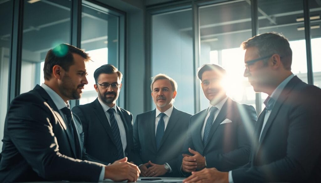 A group of professional financial executives, representing the key players in the regtech industry, gathered in a modern boardroom setting. Sunlight streams through large windows, casting a warm, focused glow on the group. The executives, dressed in tailored suits, are engaged in a lively discussion, their expressions conveying a mix of thoughtfulness and determination. Behind them, a sleek, minimalist decor accentuates the sophisticated and technological nature of the regtech field. The overall atmosphere is one of collaborative problem-solving, with the individuals embodying the expertise and innovation driving the regtech industry forward.