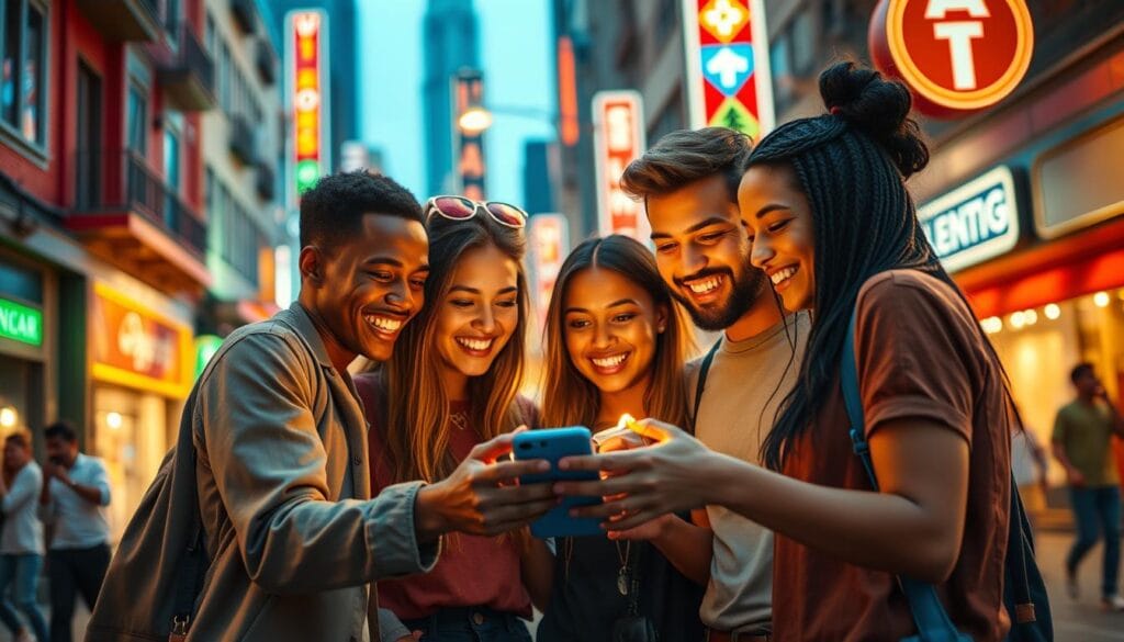 A group of young, diverse people gathering around a smartphone, smiling and engaged in a lively social interaction. The scene is set against a vibrant, urban backdrop with colorful buildings, neon signs, and a bustling city street. Warm, natural lighting casts a friendly glow over the scene, highlighting the intuitive, seamless experience of using a mobile payment app like Venmo to split bills, send money, and share financial moments with friends. The overall atmosphere conveys a sense of community, convenience, and the embracing of modern, connected lifestyles. A group of young, diverse people gathering around a smartphone, smiling and engaged in a lively social interaction. The scene is set against a vibrant, urban backdrop with colorful buildings, neon signs, and a bustling city street. Warm, natural lighting casts a friendly glow over the scene, highlighting the intuitive, seamless experience of using a mobile payment app like Venmo to split bills, send money, and share financial moments with friends. The overall atmosphere conveys a sense of community, convenience, and the embracing of modern, connected lifestyles.