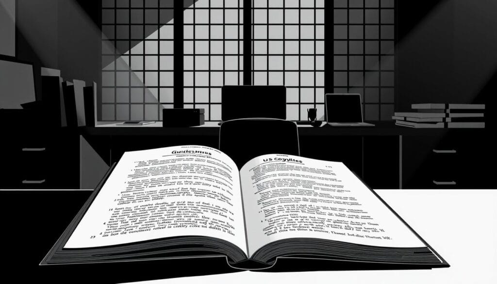 A high-contrast black and white illustration depicting the U.S. Copyright Office's new guidelines on AI-generated artworks. In the foreground, a detailed rendering of an open book displaying the guidelines, with precise typography and clean page layout. The middle ground features a desk, laptop, and other office items, conveying the professional, institutional setting. In the background, a subtle grid pattern or architectural elements suggest the structure and framework of the copyright system. Dramatic lighting casts sharp shadows, lending a sense of gravitas and authority to the scene. The overall tone is serious, informative, and visually striking, drawing the viewer's attention to the nuances of the new guidelines. A high-contrast black and white illustration depicting the U.S. Copyright Office's new guidelines on AI-generated artworks. In the foreground, a detailed rendering of an open book displaying the guidelines, with precise typography and clean page layout. The middle ground features a desk, laptop, and other office items, conveying the professional, institutional setting. In the background, a subtle grid pattern or architectural elements suggest the structure and framework of the copyright system. Dramatic lighting casts sharp shadows, lending a sense of gravitas and authority to the scene. The overall tone is serious, informative, and visually striking, drawing the viewer's attention to the nuances of the new guidelines.