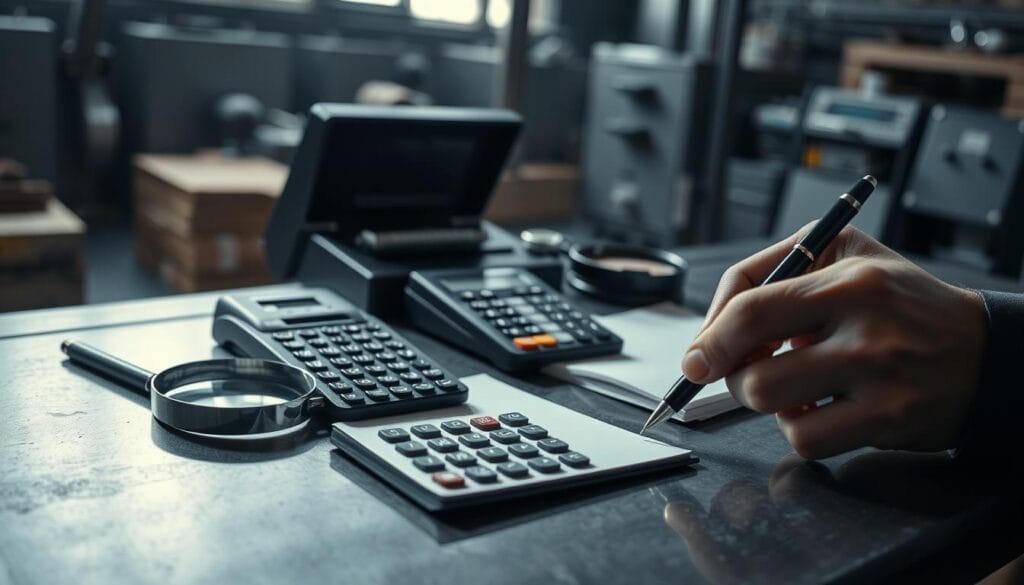 A high-contrast, cinematic image of various IRS enforcement tools and equipment laid out on a steel desk, including a magnifying glass, a digital document scanner, a calculator, a notepad, and a stern-looking official's hand holding a pen. The scene is illuminated by a single, directional light source, casting dramatic shadows and highlighting the metallic surfaces. The background is a blurred, industrial environment, conveying a sense of authority and scrutiny. The overall mood is one of seriousness, investigation, and the IRS's pursuit of tax compliance.