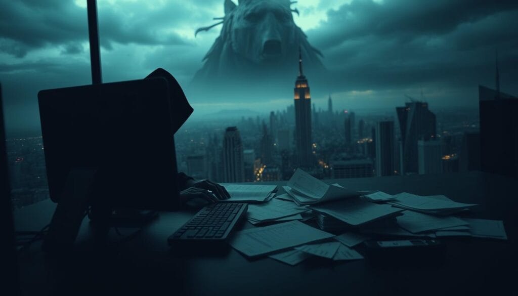 A high-contrast, cinematic scene depicting the growing threat of financial fraud. In the foreground, a shadowy figure lurking behind a computer screen, their hands poised over a keyboard, symbolizing the sinister nature of digital fraud. In the middle ground, scattered financial documents and ledgers, hinting at the aftermath of a data breach. In the background, a looming, ominous cityscape, reflecting the vast scale and global reach of modern financial crimes. Dramatic chiaroscuro lighting emphasizes the sense of danger and unease, while a moody, desaturated color palette reinforces the somber tone. Captured through a medium-wide angle lens to convey a sense of immersion and unease. A high-contrast, cinematic scene depicting the growing threat of financial fraud. In the foreground, a shadowy figure lurking behind a computer screen, their hands poised over a keyboard, symbolizing the sinister nature of digital fraud. In the middle ground, scattered financial documents and ledgers, hinting at the aftermath of a data breach. In the background, a looming, ominous cityscape, reflecting the vast scale and global reach of modern financial crimes. Dramatic chiaroscuro lighting emphasizes the sense of danger and unease, while a moody, desaturated color palette reinforces the somber tone. Captured through a medium-wide angle lens to convey a sense of immersion and unease.