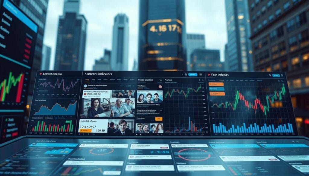 A high-definition real-time visualization of financial market sentiment analysis. The foreground depicts a dynamic dashboard with colorful charts, graphs, and data visualizations, showcasing the ebb and flow of sentiment indicators in the financial landscape. The middle ground features a grid of various news headlines and social media chatter, with sentiment analysis overlays highlighting positive, negative, and neutral sentiments. The background blurs into a cityscape of skyscrapers, reflecting the bustling financial district. The lighting is cool and crisp, with a hint of neon accents to convey the technological nature of the scene. The camera angle is slightly elevated, providing an immersive, bird's-eye view of the real-time, data-driven financial analysis. A high-definition real-time visualization of financial market sentiment analysis. The foreground depicts a dynamic dashboard with colorful charts, graphs, and data visualizations, showcasing the ebb and flow of sentiment indicators in the financial landscape. The middle ground features a grid of various news headlines and social media chatter, with sentiment analysis overlays highlighting positive, negative, and neutral sentiments. The background blurs into a cityscape of skyscrapers, reflecting the bustling financial district. The lighting is cool and crisp, with a hint of neon accents to convey the technological nature of the scene. The camera angle is slightly elevated, providing an immersive, bird's-eye view of the real-time, data-driven financial analysis.