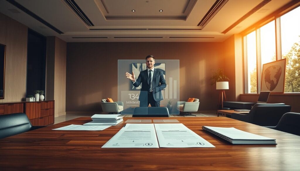 A high-end modern office interior, illuminated by warm overhead lighting and natural daylight streaming through floor-to-ceiling windows. A large wooden desk dominates the foreground, adorned with minimalistic decor and documents related to estate planning. In the middle ground, a well-dressed financial advisor stands, gesturing towards a holographic display showcasing tax-minimization strategies. The background features sleek, contemporary furnishings and artwork, conveying a sense of sophistication and wealth management expertise. The overall atmosphere is one of professionalism, financial acumen, and the thoughtful organization of a high-net-worth individual's estate.