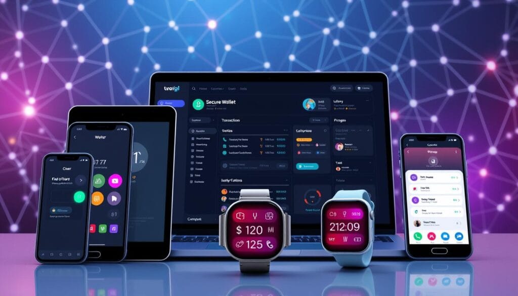 A high-fidelity, wide-angle render of a sleek, modern digital wallet interface displayed on multiple digital devices. In the foreground, a smartphone, tablet, and smartwatch showcase the wallet's intuitive, minimalist design with colorful, glowing transaction icons. The middle ground features a laptop displaying the wallet's online dashboard, highlighting secure payment options and account management tools. In the background, a network of abstract geometric shapes and wireframes suggest the underlying blockchain technology powering the digital wallet's secure transactions. The overall scene conveys a sense of advanced, seamless connectivity and cutting-edge financial technology for the future. A high-fidelity, wide-angle render of a sleek, modern digital wallet interface displayed on multiple digital devices. In the foreground, a smartphone, tablet, and smartwatch showcase the wallet's intuitive, minimalist design with colorful, glowing transaction icons. The middle ground features a laptop displaying the wallet's online dashboard, highlighting secure payment options and account management tools. In the background, a network of abstract geometric shapes and wireframes suggest the underlying blockchain technology powering the digital wallet's secure transactions. The overall scene conveys a sense of advanced, seamless connectivity and cutting-edge financial technology for the future.