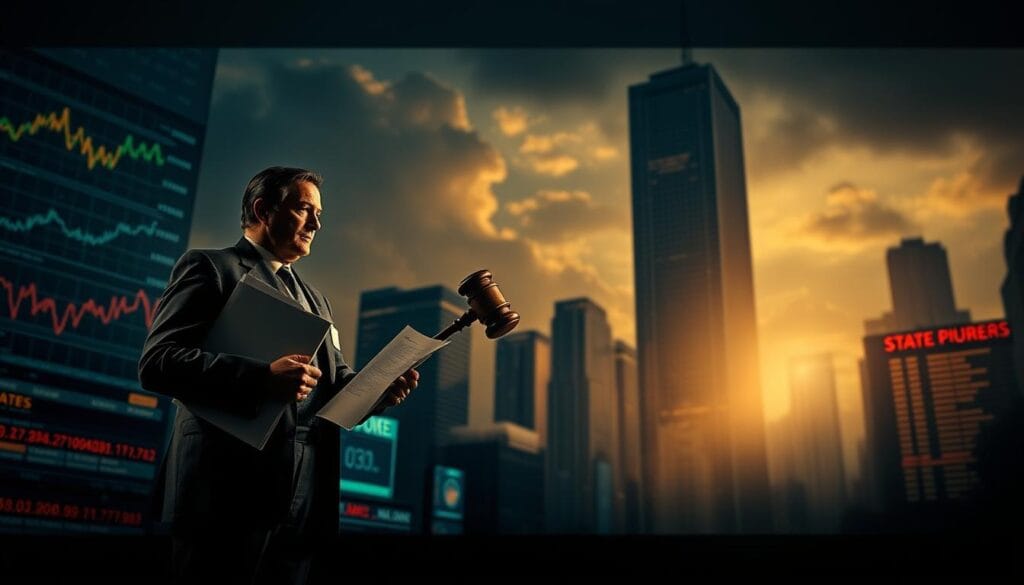 A high-impact visual representation of FTC enforcement actions, captured through a cinematic lens. In the foreground, a figure representing the FTC stands resolute, holding a gavel and documents symbolizing regulatory oversight. The middle ground features a bustling financial landscape, with charts, graphs, and stock tickers conveying the gravity of market activity. In the background, a towering skyscraper casts an ominous shadow, suggesting the far-reaching influence of the FTC's decisions. Dramatic lighting creates a sense of tension and urgency, while a shallow depth of field focuses the viewer's attention on the central elements. The overall composition conveys the FTC's pivotal role in shaping the financial landscape and safeguarding consumer interests.