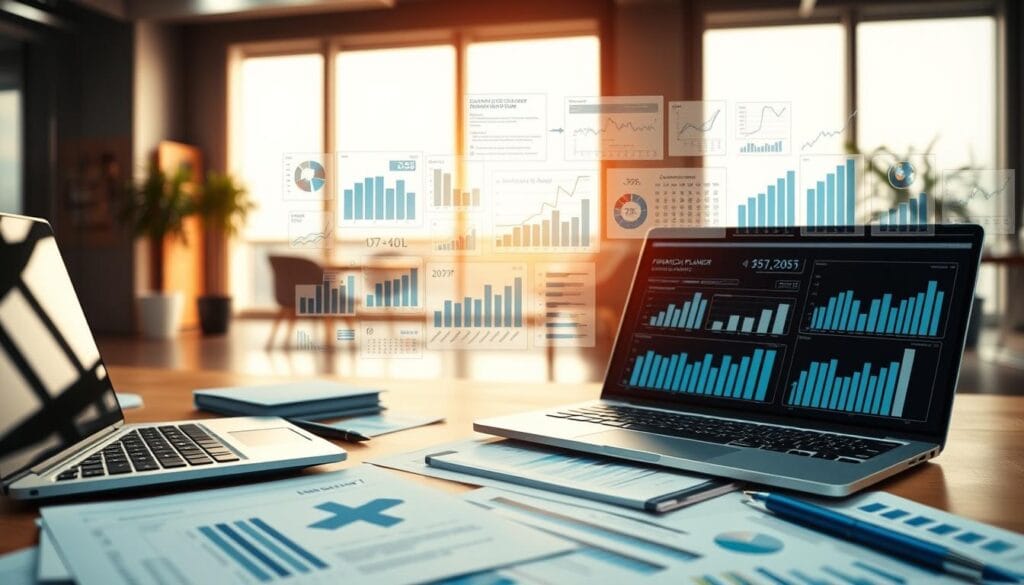 A high-quality, detailed illustration of the key features of financial planning, captured through the lens of a professional photographer. The foreground depicts a neatly organized workspace with a laptop, calculator, and various financial documents, conveying a sense of diligence and attention to detail. The middle ground showcases a variety of financial charts, graphs, and visualizations, highlighting the analytical and data-driven aspects of financial planning. The background features a serene, modern office setting with large windows, providing a calming and focused atmosphere. The overall composition is balanced, with a warm, natural lighting scheme that enhances the professionalism and precision of the scene. A high-quality, detailed illustration of the key features of financial planning, captured through the lens of a professional photographer. The foreground depicts a neatly organized workspace with a laptop, calculator, and various financial documents, conveying a sense of diligence and attention to detail. The middle ground showcases a variety of financial charts, graphs, and visualizations, highlighting the analytical and data-driven aspects of financial planning. The background features a serene, modern office setting with large windows, providing a calming and focused atmosphere. The overall composition is balanced, with a warm, natural lighting scheme that enhances the professionalism and precision of the scene.