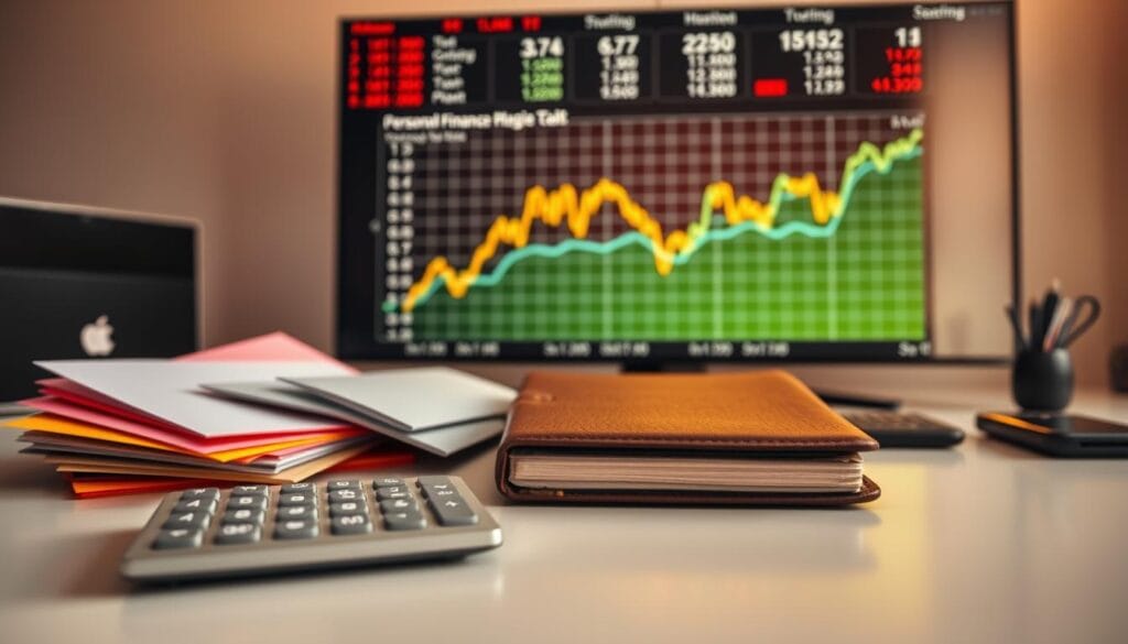 A high-quality, detailed image of specialized financial tools arranged on a clean, minimalist desk. In the foreground, a sleek, silver calculator, a set of color-coded budgeting envelopes, and a leather-bound personal finance planner. In the middle ground, a stylized graph displaying financial data projected against a subtle grid pattern. In the background, a large, high-resolution display showing financial analytics and stock tickers, illuminated by warm, indirect lighting. The overall mood is one of professionalism, organization, and technological sophistication, reflecting the needs of modern personal finance management. A high-quality, detailed image of specialized financial tools arranged on a clean, minimalist desk. In the foreground, a sleek, silver calculator, a set of color-coded budgeting envelopes, and a leather-bound personal finance planner. In the middle ground, a stylized graph displaying financial data projected against a subtle grid pattern. In the background, a large, high-resolution display showing financial analytics and stock tickers, illuminated by warm, indirect lighting. The overall mood is one of professionalism, organization, and technological sophistication, reflecting the needs of modern personal finance management.