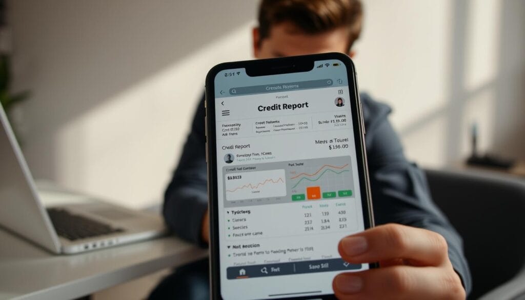 A high-quality, photorealistic image of credit report monitoring. In the foreground, a smartphone or tablet screen displays a detailed credit report, with graphs, charts, and personal information. The middle ground shows a person scrutinizing the screen, brow furrowed in concentration. In the background, a sleek, modern home office setting with a minimalist desk, a laptop, and a pen holder. The lighting is soft and natural, creating a calm, professional atmosphere. The overall composition conveys the importance of carefully monitoring one's credit score and financial health. A high-quality, photorealistic image of credit report monitoring. In the foreground, a smartphone or tablet screen displays a detailed credit report, with graphs, charts, and personal information. The middle ground shows a person scrutinizing the screen, brow furrowed in concentration. In the background, a sleek, modern home office setting with a minimalist desk, a laptop, and a pen holder. The lighting is soft and natural, creating a calm, professional atmosphere. The overall composition conveys the importance of carefully monitoring one's credit score and financial health.