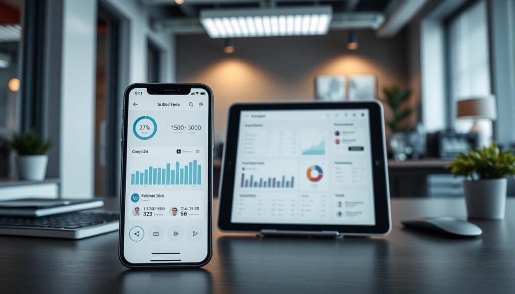 A high-resolution, hyper-realistic image of key financial tools arranged in a visually appealing layout. The foreground features a modern smartphone displaying a mobile app dashboard with sleek graphs, charts, and subscription management controls. In the middle ground, a tablet device showcases a web-based subscription tracking platform with intuitive user interface. The background depicts a tasteful office setting with a desktop computer, a neatly organized workspace, and indirect lighting creating a professional, productivity-focused atmosphere. The overall composition highlights the essential features and capabilities of powerful subscription management solutions.