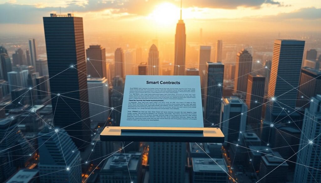 A high-resolution, hyper-realistic image of smart contracts in finance, set against a backdrop of a modern financial district. In the foreground, a digital contract is displayed on a sleek, futuristic interface, surrounded by a web of interconnected blockchain transactions. In the middle ground, skyscrapers and office buildings symbolize the corporate world, with a subtle glow of automation and efficiency. The background features a cityscape bathed in warm, golden light, conveying a sense of progress and technological advancement. The scene is captured with a wide-angle lens, creating a sense of depth and grandeur, and the lighting is soft and directional, emphasizing the technological elegance of the smart contract system. A high-resolution, hyper-realistic image of smart contracts in finance, set against a backdrop of a modern financial district. In the foreground, a digital contract is displayed on a sleek, futuristic interface, surrounded by a web of interconnected blockchain transactions. In the middle ground, skyscrapers and office buildings symbolize the corporate world, with a subtle glow of automation and efficiency. The background features a cityscape bathed in warm, golden light, conveying a sense of progress and technological advancement. The scene is captured with a wide-angle lens, creating a sense of depth and grandeur, and the lighting is soft and directional, emphasizing the technological elegance of the smart contract system.