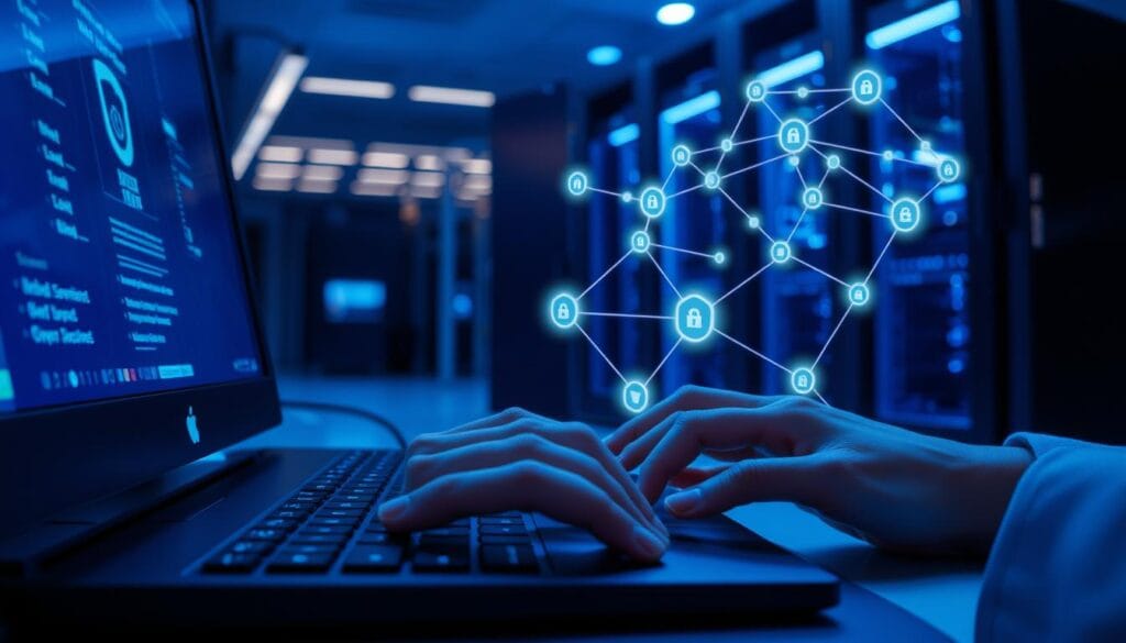 A high-resolution image depicting the security measures in a cryptocurrency exchange. In the foreground, a pair of hands securely typing on a computer keyboard, with a biometric security scanner visible. In the middle ground, a three-dimensional representation of a blockchain network, with nodes connected by glowing lines, symbolizing the encrypted data flow. In the background, a sleek, modern server rack, bathed in a soft, blue-hued lighting, conveying a sense of technological sophistication and data integrity. The overall scene exudes an atmosphere of robust cybersecurity, instilling confidence in the reliability and trustworthiness of the cryptocurrency platform.