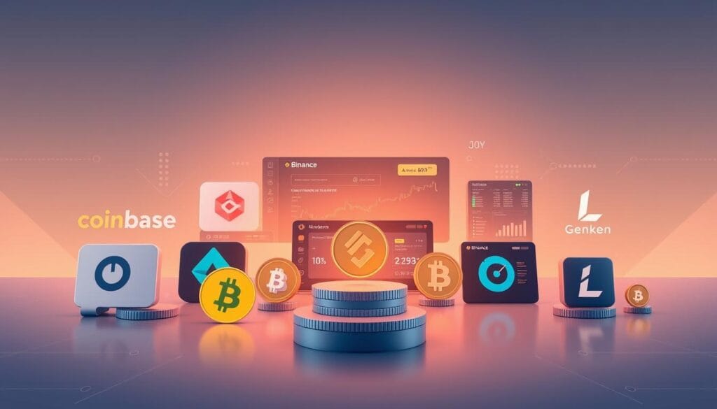 A high-resolution, photorealistic illustration of the top digital asset platforms in a sleek, minimalist style. The foreground features the logos and brand identities of popular cryptocurrency exchanges, trading platforms, and digital wallets, such as Coinbase, Binance, Kraken, Gemini, and Ledger, arranged in a symmetrical, visually appealing layout. The middle ground showcases various financial charts, graphs, and dashboard interfaces, conveying the data-driven nature of the digital asset ecosystem. The background is a clean, gradient-based environment, with subtle geometric patterns and a soft, muted color palette that reinforces the modern, technological aesthetic. The overall composition exudes a sense of authority, trustworthiness, and innovation, suitable for an article on diversifying cryptocurrency investments.