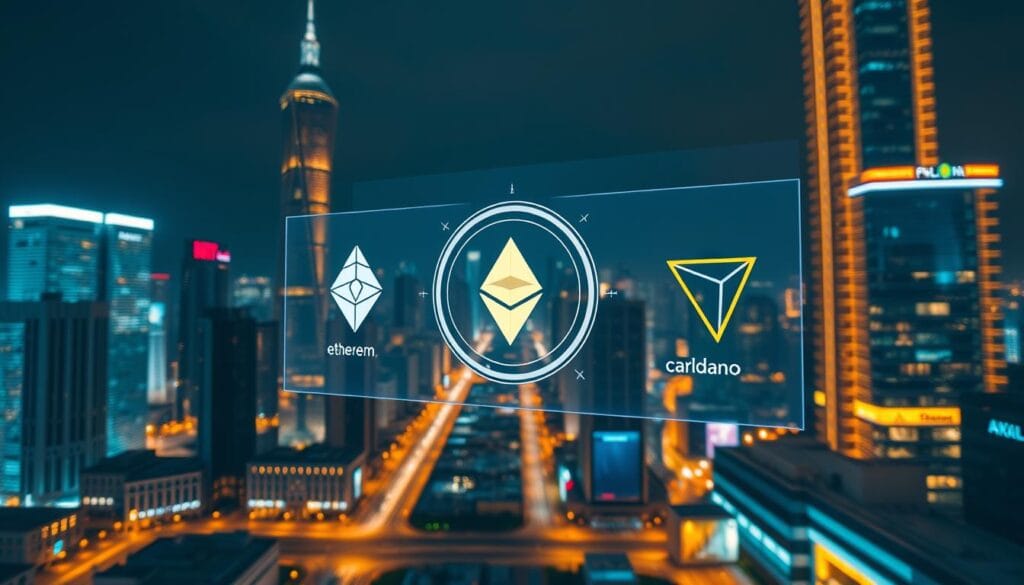 A high-resolution, wide-angle photograph of a futuristic city skyline at night, with glimmering skyscrapers and neon-lit streets. In the foreground, a holographic display showcases several digital currency symbols, including lesser-known altcoins with strong growth potential, such as Ethereum, Solana, Polkadot, and Cardano. The display has a sleek, minimalist design, and the altcoin symbols are rendered with vivid, vibrant colors. The lighting is dramatic, with a mix of cool blue hues and warm, amber tones, creating a sense of technological sophistication and innovation. The overall scene conveys a sense of excitement and promise for the future of the cryptocurrency market. A high-resolution, wide-angle photograph of a futuristic city skyline at night, with glimmering skyscrapers and neon-lit streets. In the foreground, a holographic display showcases several digital currency symbols, including lesser-known altcoins with strong growth potential, such as Ethereum, Solana, Polkadot, and Cardano. The display has a sleek, minimalist design, and the altcoin symbols are rendered with vivid, vibrant colors. The lighting is dramatic, with a mix of cool blue hues and warm, amber tones, creating a sense of technological sophistication and innovation. The overall scene conveys a sense of excitement and promise for the future of the cryptocurrency market.