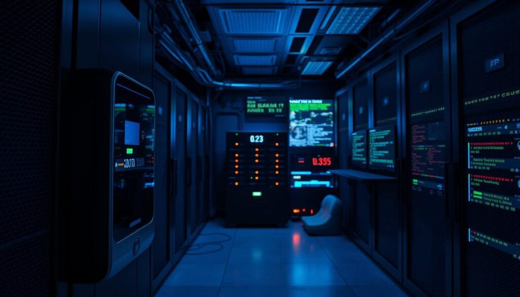 A high-security data center, dimly lit with a blue hue. In the foreground, a sleek biometric security panel with fingerprint and iris scanners. The middle ground shows a cluster of servers and blinking status lights, surrounded by a maze of cables. In the background, a series of security monitors displaying real-time system diagnostics and access logs. The overall scene conveys a sense of technological complexity and the importance of robust security protocols for voice-activated financial management systems. A high-security data center, dimly lit with a blue hue. In the foreground, a sleek biometric security panel with fingerprint and iris scanners. The middle ground shows a cluster of servers and blinking status lights, surrounded by a maze of cables. In the background, a series of security monitors displaying real-time system diagnostics and access logs. The overall scene conveys a sense of technological complexity and the importance of robust security protocols for voice-activated financial management systems.