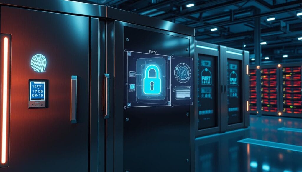 A high-security futuristic digital vault, with a sleek metallic exterior and holographic security interfaces. The foreground features a biometric security scanner, fingerprint and iris recognition systems. The middle ground showcases a 3D hologram of encrypted data and virtual access control panels. In the background, a network of interconnected servers and data storage systems, bathed in a cool blue-green lighting, create an atmosphere of technological sophistication and robust data protection.