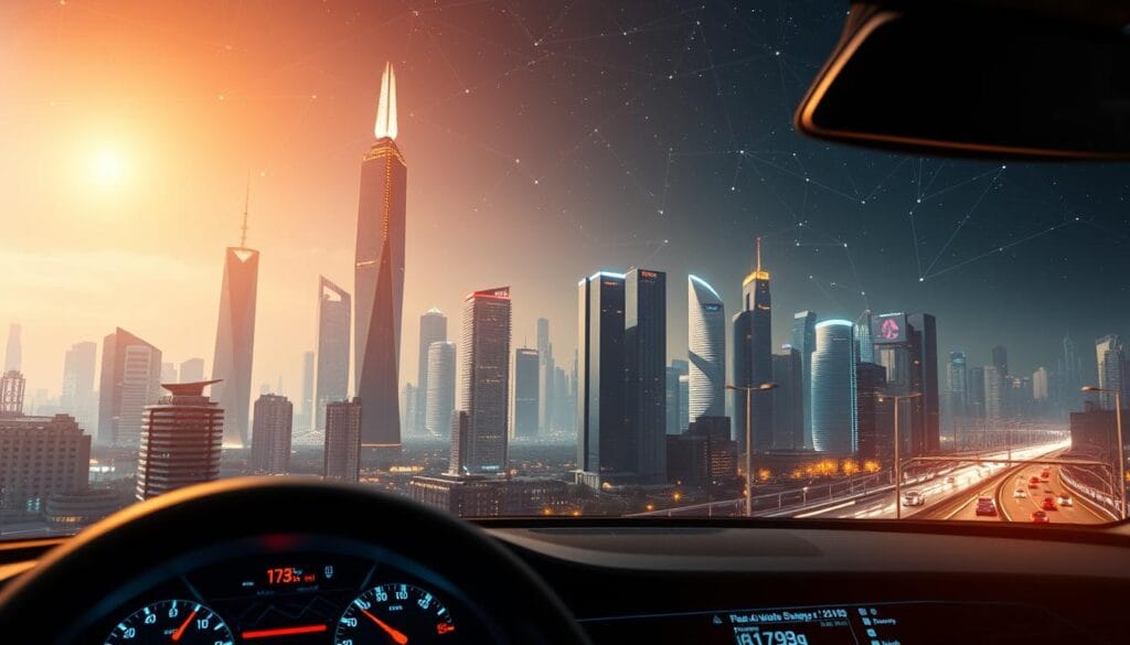 A high-tech cityscape illuminated by a warm, diffused light. In the foreground, a dashboard display showcases real-time data from connected vehicles, IoT sensors, and telematics systems. In the middle ground, towering skyscrapers and futuristic architecture, with a network of glowing lines interconnecting them, representing the flow of data and the integration of smart technologies. In the background, a starry night sky, hinting at the boundless possibilities of data-driven risk assessment and the connected future of the insurance industry. A high-tech cityscape illuminated by a warm, diffused light. In the foreground, a dashboard display showcases real-time data from connected vehicles, IoT sensors, and telematics systems. In the middle ground, towering skyscrapers and futuristic architecture, with a network of glowing lines interconnecting them, representing the flow of data and the integration of smart technologies. In the background, a starry night sky, hinting at the boundless possibilities of data-driven risk assessment and the connected future of the insurance industry.