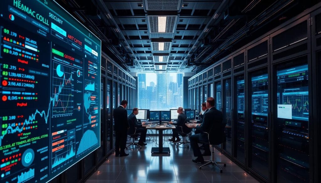 A high-tech data center filled with servers, blinking lights, and advanced security systems. In the foreground, a holographic display showcases financial transaction patterns and suspicious activity indicators. In the middle ground, analysts in suits huddle around workstations, studying complex graphs and charts. The background features a cityscape with towering skyscrapers, symbolizing the scale and importance of the anti-money laundering efforts. Bright, focused lighting illuminates the scene, conveying a sense of professionalism and precision. The overall atmosphere is one of technological sophistication and vigilance, reflecting the cutting-edge solutions needed to combat financial crimes.