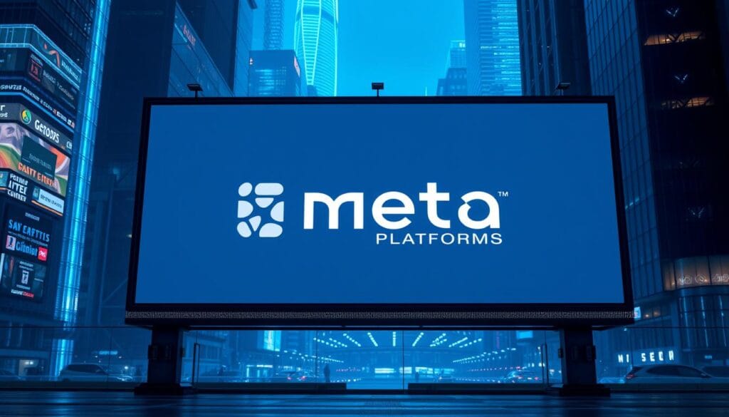 A high-tech digital advertising landscape, featuring the iconic Meta Platforms logo prominently displayed on a sleek, modern virtual billboard. The scene is bathed in a cool, blue-tinted lighting, creating a futuristic, tech-savvy ambiance. In the background, a cityscape of towering skyscrapers and holographic displays showcases the cutting-edge nature of Meta's digital advertising solutions. The composition is balanced, with the logo taking center stage and the supporting elements complementing its visual impact. The overall impression conveys Meta's position as a leader in the digital advertising space, poised to capitalize on emerging market trends.