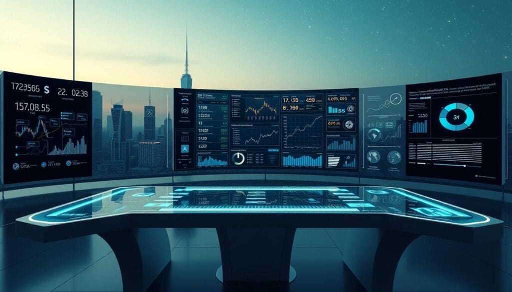 A high-tech financial control panel with various holographic displays and interactive interfaces. In the foreground, a sleek, futuristic desk with a transparent touchscreen, surrounded by a minimal, monochromatic environment. The middle ground features a large, curved display wall showcasing real-time stock market data, investment portfolios, and AI-powered analysis tools. The background is a serene, cityscape backdrop with skyscrapers and a hint of a starry night sky, creating a sense of scale and technological prowess. The lighting is cool and subtle, emphasizing the digital nature of the scene. The overall mood is one of precision, innovation, and the seamless integration of human and artificial intelligence in the world of investment strategies. A high-tech financial control panel with various holographic displays and interactive interfaces. In the foreground, a sleek, futuristic desk with a transparent touchscreen, surrounded by a minimal, monochromatic environment. The middle ground features a large, curved display wall showcasing real-time stock market data, investment portfolios, and AI-powered analysis tools. The background is a serene, cityscape backdrop with skyscrapers and a hint of a starry night sky, creating a sense of scale and technological prowess. The lighting is cool and subtle, emphasizing the digital nature of the scene. The overall mood is one of precision, innovation, and the seamless integration of human and artificial intelligence in the world of investment strategies.