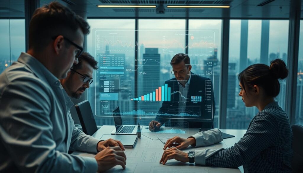 A high-tech financial workspace with a data-driven AI system at its core. In the foreground, a team of analysts poring over complex charts and graphs, their expressions intense as they navigate the intricacies of risk management. In the middle ground, a large holographic display showcases dynamic risk models, their algorithms constantly adapting to market fluctuations. The background is a sleek, futuristic office setting, with floor-to-ceiling windows offering a panoramic view of a bustling financial district. Subtle ambient lighting and a muted color palette create a sense of focused professionalism, while the integration of AI-powered tools conveys the transformative role of technology in modern financial risk management. A high-tech financial workspace with a data-driven AI system at its core. In the foreground, a team of analysts poring over complex charts and graphs, their expressions intense as they navigate the intricacies of risk management. In the middle ground, a large holographic display showcases dynamic risk models, their algorithms constantly adapting to market fluctuations. The background is a sleek, futuristic office setting, with floor-to-ceiling windows offering a panoramic view of a bustling financial district. Subtle ambient lighting and a muted color palette create a sense of focused professionalism, while the integration of AI-powered tools conveys the transformative role of technology in modern financial risk management.