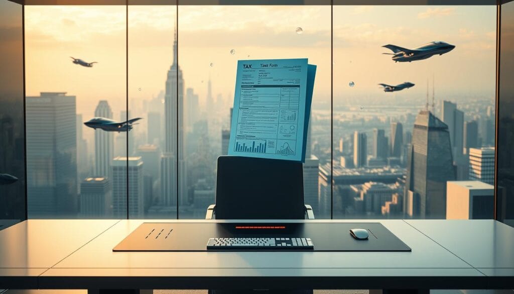 A high-tech, futuristic office setting with an array of innovative tax software features floating in the air. In the foreground, a sleek, minimalist desk with a hologr aphic display showcasing intuitive tax filing tools. The middle ground features a hovering 3D model of a complex tax form, with animated data points and analytics. In the background, a panoramic cityscape with gleaming skyscrapers and flying autonomous vehicles, all bathed in a warm, diffused lighting. The overall mood is one of advanced technology, efficiency, and a vision of the future of tax filing.