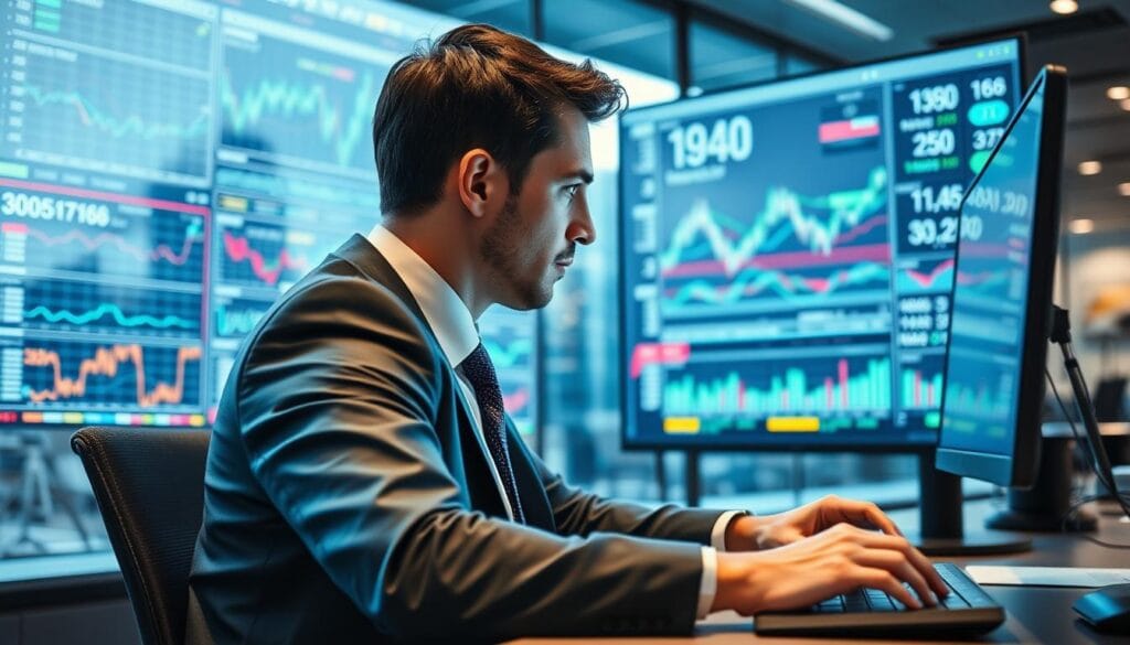 A high-tech office setting, with a large display showing graphs and charts representing complex financial data. In the foreground, a person wearing a suit and tie sits at a desk, intently studying the screen and manipulating various tools and interfaces. The lighting is bright and focused, creating a sense of concentration and purpose. The background is blurred, but hints at the broader context of the financial markets, with skyscrapers and other office buildings visible in the distance. The overall mood is one of professional analytical rigor, with the machine learning technology seamlessly integrated into the workflow. A high-tech office setting, with a large display showing graphs and charts representing complex financial data. In the foreground, a person wearing a suit and tie sits at a desk, intently studying the screen and manipulating various tools and interfaces. The lighting is bright and focused, creating a sense of concentration and purpose. The background is blurred, but hints at the broader context of the financial markets, with skyscrapers and other office buildings visible in the distance. The overall mood is one of professional analytical rigor, with the machine learning technology seamlessly integrated into the workflow.
