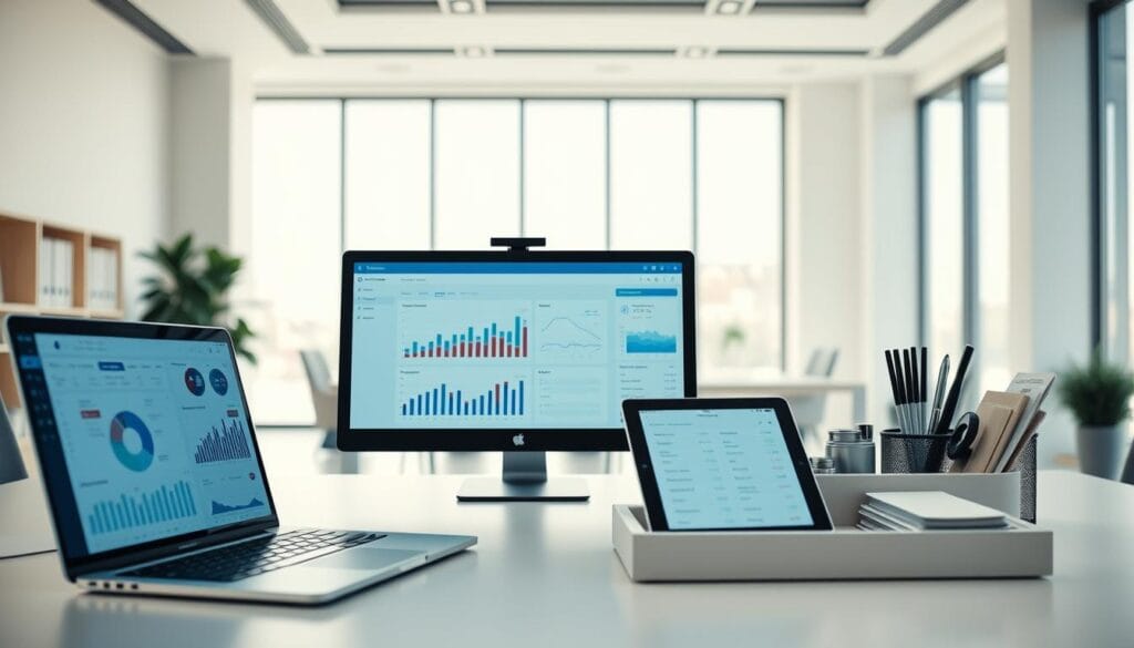 A high-tech office setting with a sleek desk showcasing the latest AI-powered budgeting tools. In the foreground, a laptop displays interactive charts and graphs, while a tablet nearby offers intuitive expense tracking. The middle ground features a modern desk organizer with a minimalist design, housing various productivity accessories. The background is a crisp, well-lit room with floor-to-ceiling windows, creating a sense of openness and professionalism. The overall scene exudes efficiency, innovation, and a forward-thinking approach to business finance management. A high-tech office setting with a sleek desk showcasing the latest AI-powered budgeting tools. In the foreground, a laptop displays interactive charts and graphs, while a tablet nearby offers intuitive expense tracking. The middle ground features a modern desk organizer with a minimalist design, housing various productivity accessories. The background is a crisp, well-lit room with floor-to-ceiling windows, creating a sense of openness and professionalism. The overall scene exudes efficiency, innovation, and a forward-thinking approach to business finance management.