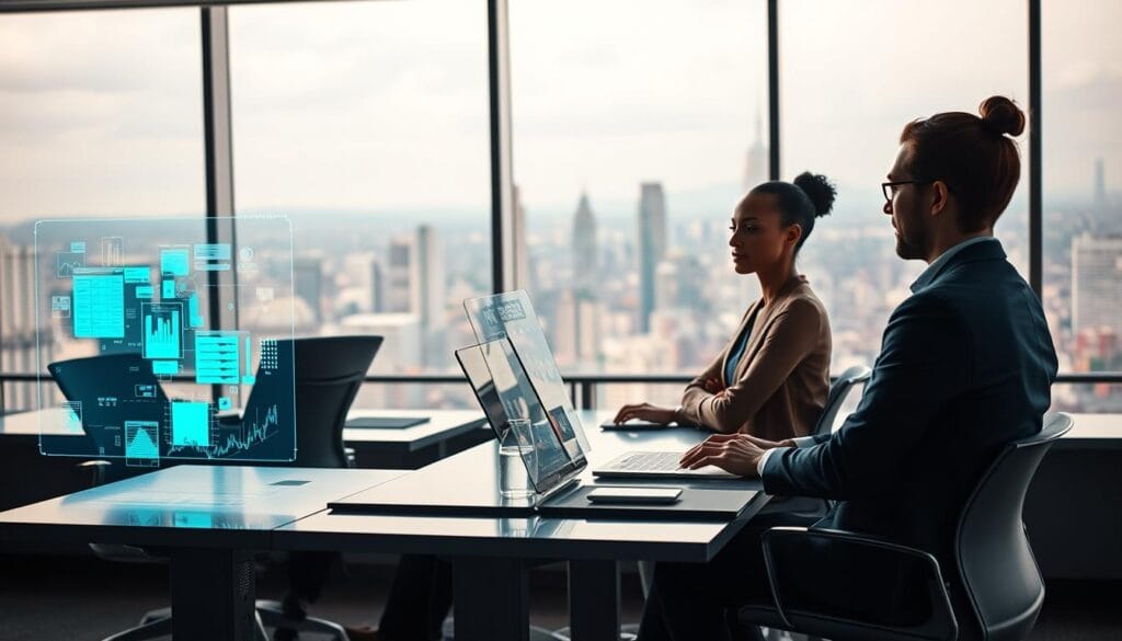 A high-tech office setting with a team of AI-driven financial advisors hard at work. In the foreground, three advisors sit at sleek, minimalist desks, intently focused on data-filled holographic displays projected before them. Subtle lighting casts a warm, futuristic glow, while the background features an expansive, panoramic window overlooking a bustling cityscape. The advisors' expressions convey a sense of expertise and confidence as they leverage the power of artificial intelligence to provide tailored investment strategies. The scene evokes a vision of the future of financial planning, where advanced technologies empower professionals to deliver exceptional, personalized guidance.