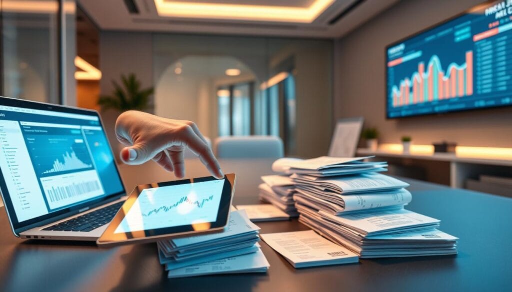 A high-tech office space with a desk featuring a laptop and tablet displaying financial data. In the foreground, a hand hovers over the tablet, interacting with an intuitive AI-powered expense tracking interface. The middle ground showcases stacks of receipts and documents, seamlessly scanned and processed by advanced optical character recognition. In the background, a large screen displays real-time expense analytics, providing a comprehensive overview of the user's financial management. The scene is bathed in a warm, ambient lighting, conveying a sense of efficiency and control over the once tedious task of expense tracking. A high-tech office space with a desk featuring a laptop and tablet displaying financial data. In the foreground, a hand hovers over the tablet, interacting with an intuitive AI-powered expense tracking interface. The middle ground showcases stacks of receipts and documents, seamlessly scanned and processed by advanced optical character recognition. In the background, a large screen displays real-time expense analytics, providing a comprehensive overview of the user's financial management. The scene is bathed in a warm, ambient lighting, conveying a sense of efficiency and control over the once tedious task of expense tracking.