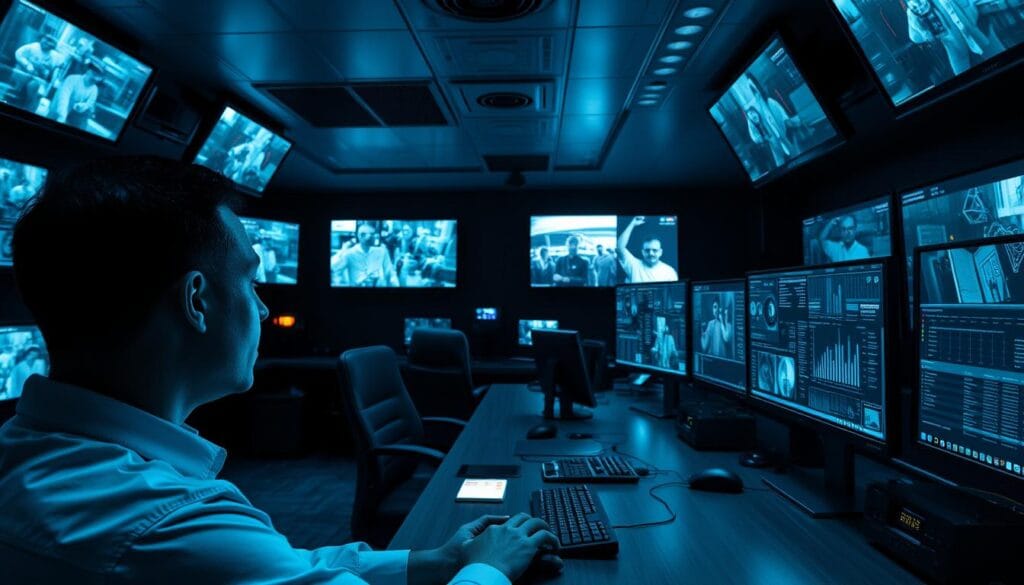A high-tech security control room with multiple surveillance monitors displaying real-time footage from various angles. The room is dimly lit, with a cool, blue-hued lighting scheme. Sleek, modern equipment adorns the desk, including a keyboard, mouse, and various security control panels. The walls are adorned with digital displays showing detailed analytics and data visualizations. In the foreground, a security professional intently monitors the screens, their face illuminated by the glow of the displays. The scene conveys a sense of heightened security, vigilance, and technological sophistication.