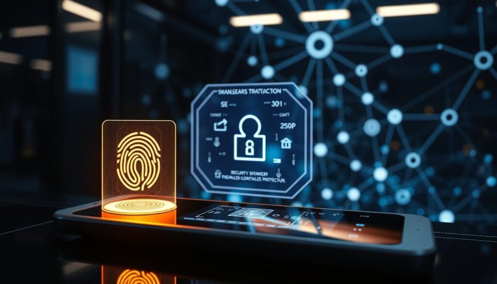 A high-tech security interface prominently displayed on a sleek, futuristic device. In the foreground, a fingerprint scanner and secure chip reader gleam under soft, indirect lighting. The middle ground showcases a holographic display with encryption algorithms and authentication protocols. In the background, a network of interconnected nodes and servers conveys the robust, multilayered security infrastructure powering seamless, contactless transactions. The scene exudes an atmosphere of technological sophistication, instilling confidence in the safety and reliability of the payment system.