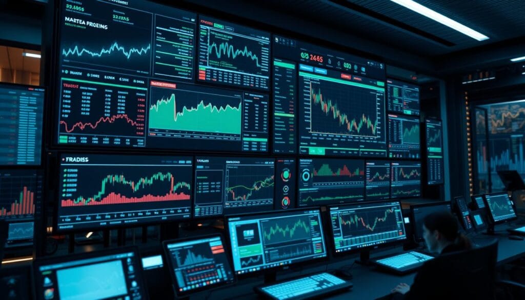 A high-tech trading platform displayed on multiple digital screens, showcasing various financial data and analytics. The screens are arranged in a sleek, minimalist layout, with a focus on clean lines and a futuristic aesthetic. The lighting is soft and indirect, creating a calm and professional atmosphere. In the foreground, various control panels and user interfaces are visible, allowing the trader to seamlessly navigate the platform and make informed decisions. The background is a blend of subdued colors, hinting at the complex algorithms and data processing that power the AI-driven trading system. A high-tech trading platform displayed on multiple digital screens, showcasing various financial data and analytics. The screens are arranged in a sleek, minimalist layout, with a focus on clean lines and a futuristic aesthetic. The lighting is soft and indirect, creating a calm and professional atmosphere. In the foreground, various control panels and user interfaces are visible, allowing the trader to seamlessly navigate the platform and make informed decisions. The background is a blend of subdued colors, hinting at the complex algorithms and data processing that power the AI-driven trading system.