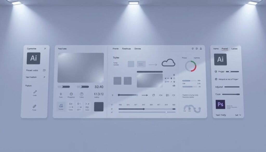A highly detailed and photorealistic digital illustration depicting the structure and style reference interface of Adobe Firefly, a cutting-edge AI-powered creative tool. The interface is shown in a clean, minimalist layout with intuitive controls and menus. Sleek icons, smooth gradients, and a muted color palette create a sophisticated, contemporary aesthetic. The layout is arranged with a focus on functionality, highlighting key features like preset styles, adjustable parameters, and real-time preview. Subtle lighting from above casts gentle shadows, emphasizing the depth and dimensionality of the interface elements. The overall scene conveys a sense of technical sophistication and creative potential, reflecting the innovative nature of Adobe Firefly as a powerful AI-driven art creation platform.