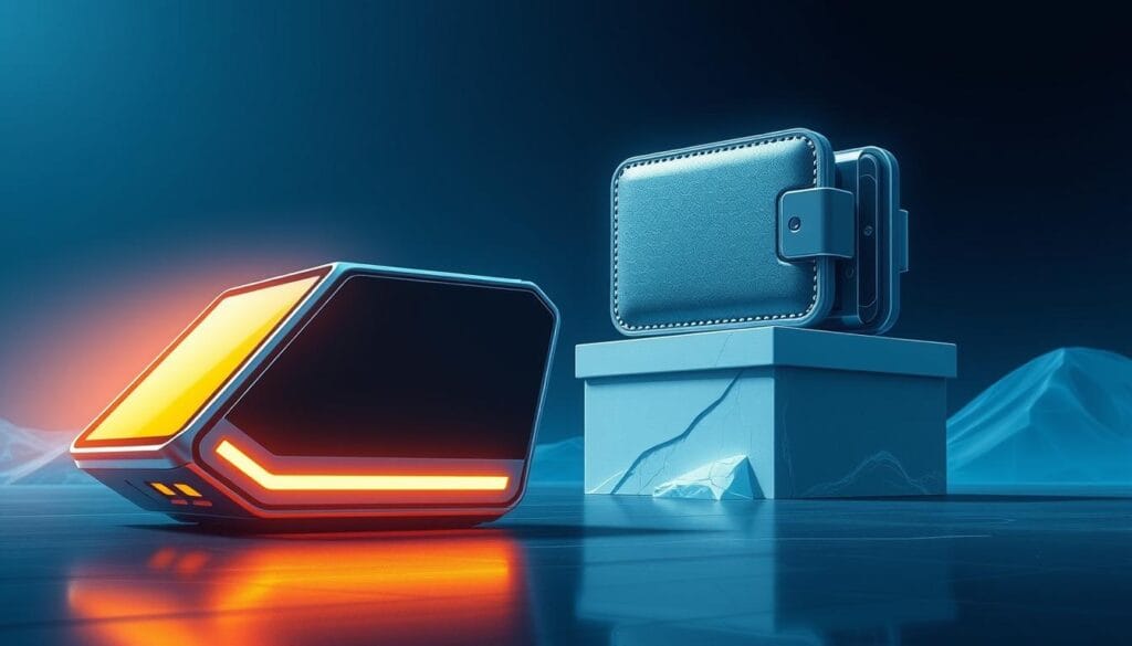 A highly detailed and visually striking illustration depicting the contrast between hot wallets and cold wallets for DeFi security. In the foreground, a sleek and futuristic hot wallet device glows with a warm, inviting light, representing the convenience and accessibility of online storage. In the background, a solid, imposing cold wallet device sits atop a minimalist pedestal, exuding an aura of impenetrable security through its icy, matte finish and industrial design. The two wallets are positioned in a way that emphasizes their distinct purposes and capabilities, underscoring the importance of choosing the right DeFi wallet to protect one's digital assets. The scene is bathed in a cool, high-contrast lighting that adds depth and drama, with subtle reflections and shadows reinforcing the contrast between the two wallet types. The overall impression is one of technological sophistication and the critical role of wallet security in the decentralized finance landscape. A highly detailed and visually striking illustration depicting the contrast between hot wallets and cold wallets for DeFi security. In the foreground, a sleek and futuristic hot wallet device glows with a warm, inviting light, representing the convenience and accessibility of online storage. In the background, a solid, imposing cold wallet device sits atop a minimalist pedestal, exuding an aura of impenetrable security through its icy, matte finish and industrial design. The two wallets are positioned in a way that emphasizes their distinct purposes and capabilities, underscoring the importance of choosing the right DeFi wallet to protect one's digital assets. The scene is bathed in a cool, high-contrast lighting that adds depth and drama, with subtle reflections and shadows reinforcing the contrast between the two wallet types. The overall impression is one of technological sophistication and the critical role of wallet security in the decentralized finance landscape.