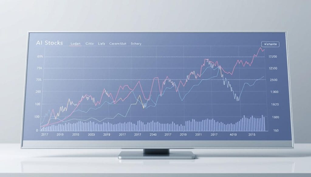 A highly detailed, data-driven performance chart of AI stocks, showcasing their impressive growth and potential. The chart is displayed on a sleek, minimalist dashboard, with a clean and professional aesthetic. The background is a muted, neutral tone, allowing the chart to take center stage. The chart itself features various lines and curves, representing the stock prices of leading AI companies over time. The lines are rendered with precision, providing a clear and insightful visualization of the sector's performance. The overall composition strikes a balance between technical precision and visual appeal, creating an image that is both informative and visually striking. A highly detailed, data-driven performance chart of AI stocks, showcasing their impressive growth and potential. The chart is displayed on a sleek, minimalist dashboard, with a clean and professional aesthetic. The background is a muted, neutral tone, allowing the chart to take center stage. The chart itself features various lines and curves, representing the stock prices of leading AI companies over time. The lines are rendered with precision, providing a clear and insightful visualization of the sector's performance. The overall composition strikes a balance between technical precision and visual appeal, creating an image that is both informative and visually striking.