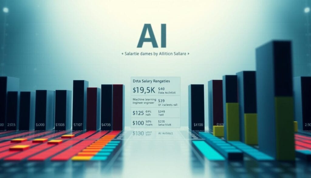 A highly detailed, data-rich infographic depicting AI salary ranges by role and experience level. The foreground showcases a series of neatly organized salary bars, color-coded by job function such as Machine Learning Engineer, Data Scientist, and AI Architect. The middle ground features a sleek, minimalist layout with clean typography highlighting key statistics and industry trends. The background has a soft, blurred effect with a subtle grid pattern, creating a professional, data-driven atmosphere. Lighting is bright and evenly distributed, with a slightly muted color palette to maintain focus on the information displayed. The overall composition aims to convey a sense of authority and expertise on the topic of AI compensation.